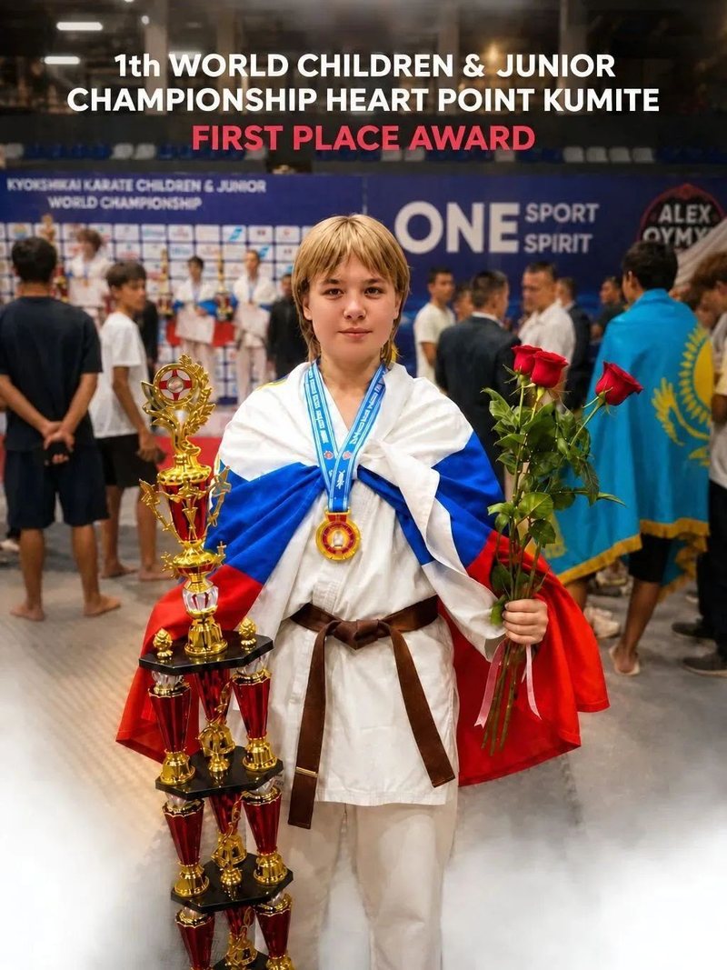 Спортсменка школы с кубками и российским флагом на церемонии награждения